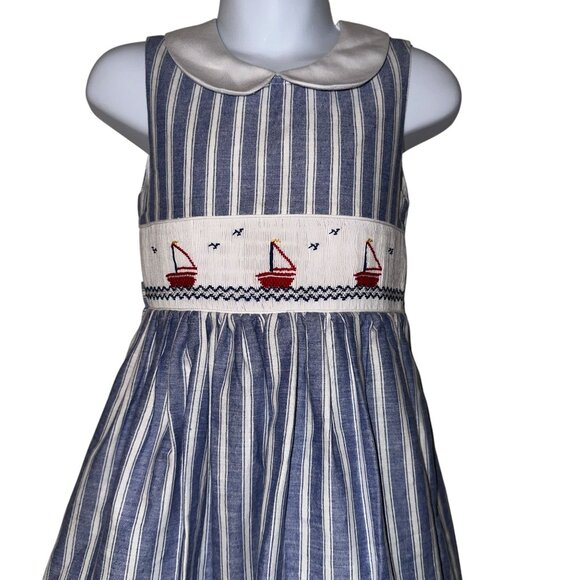 Vintage Vive La Fete Sailor Dress Toddler Girls 4T Smocked Sailboat Sleeveless - Picture 2 of 10